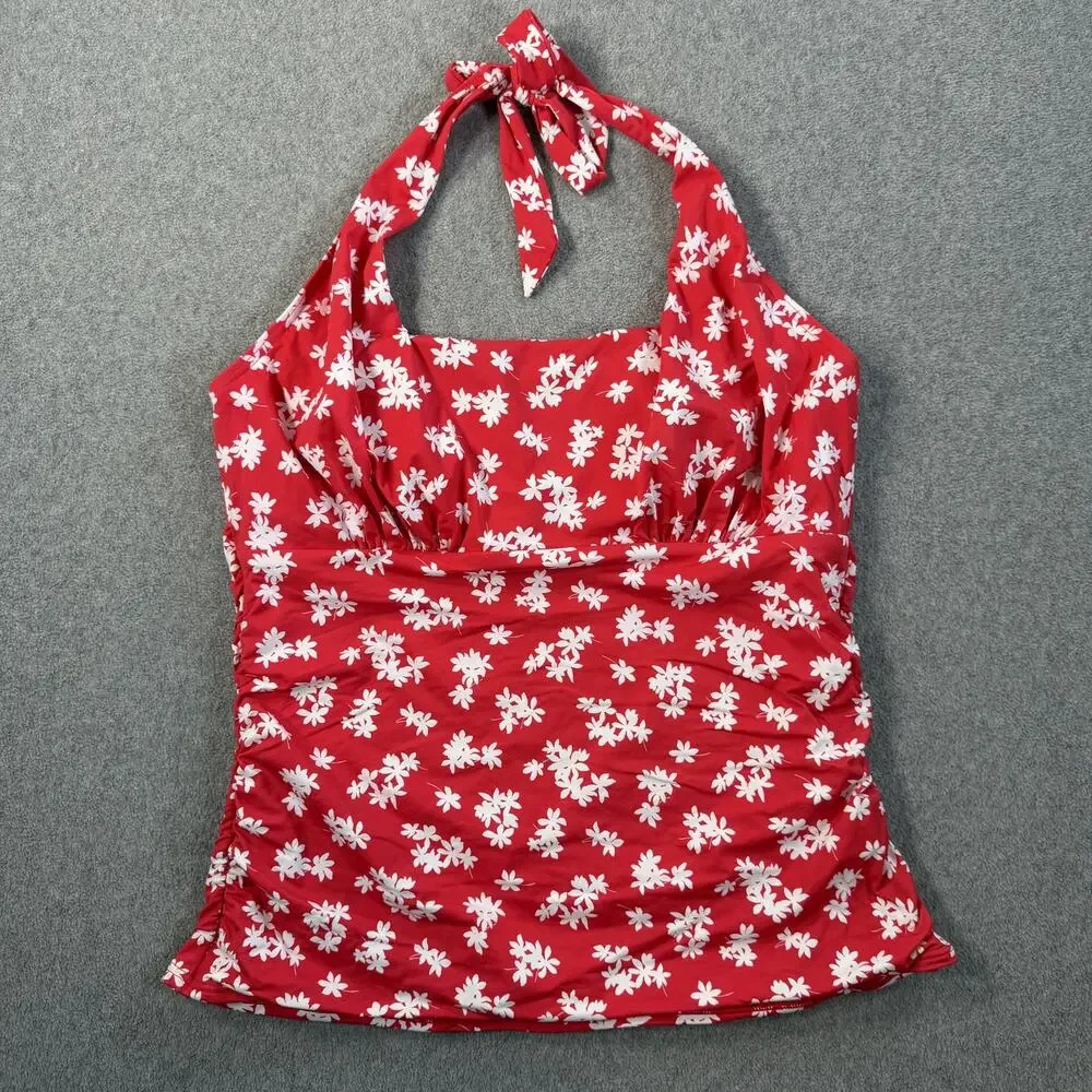 Lands' End Women's 14 Red Floral Halter Tankini Top Swimwear Ruched Side